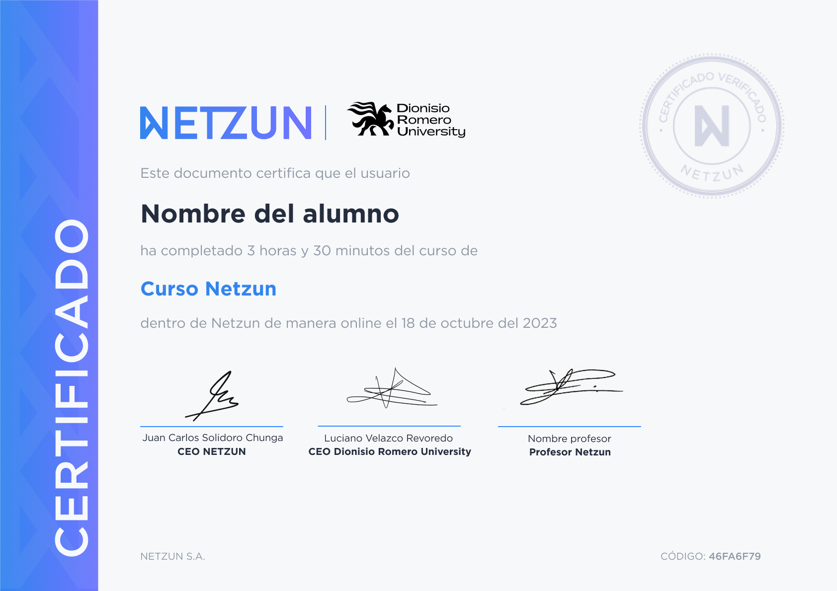 Modelo de certificado opcional de nuestro curso