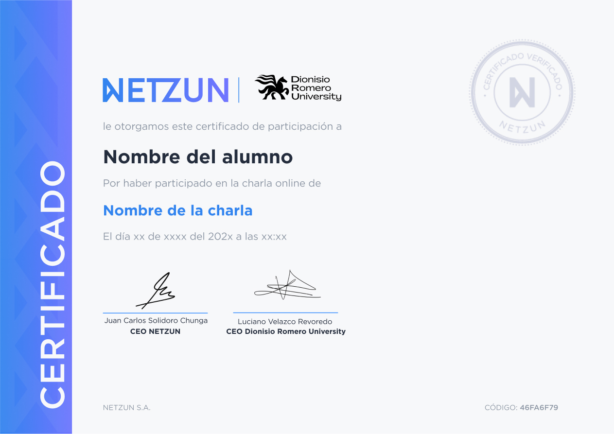 Modelo de certificado de Netzun y Dionisio Romero University